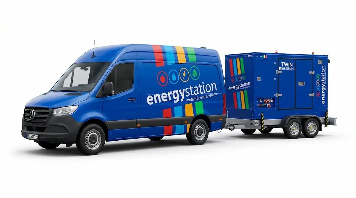 Mobiler 120 kVA TWIN Stromerzeuger auf einem 3,5t PKW-Anhänger von energystation für Events und Baustellen.