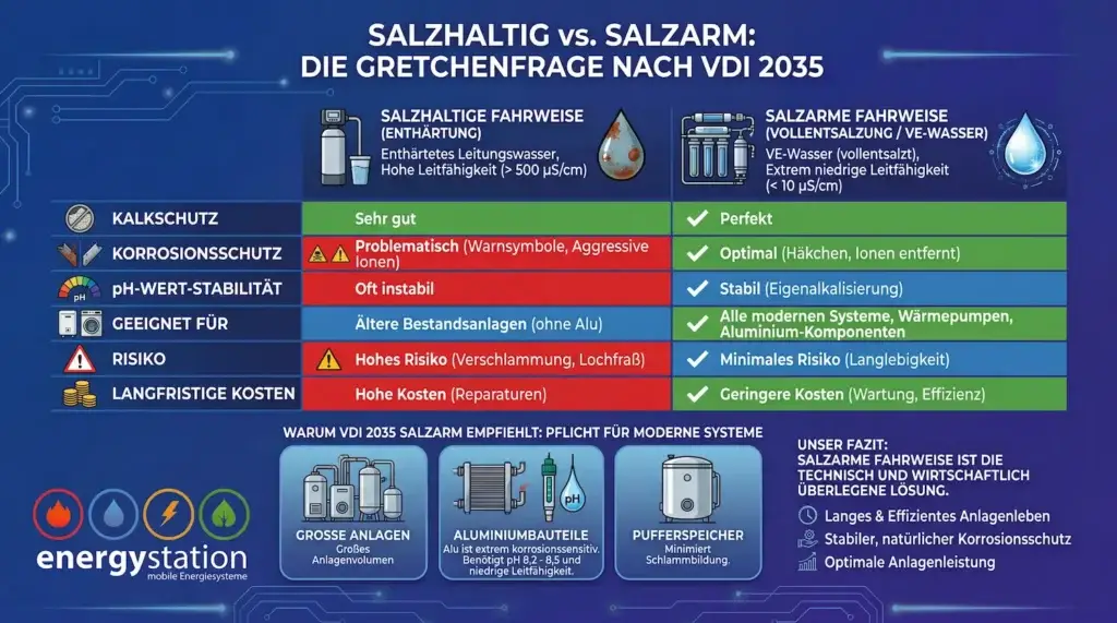 Vergleich von salzarmem und salzhaltigem Heizungswasser nach VDI 2035 Richtlinie durch energystation.