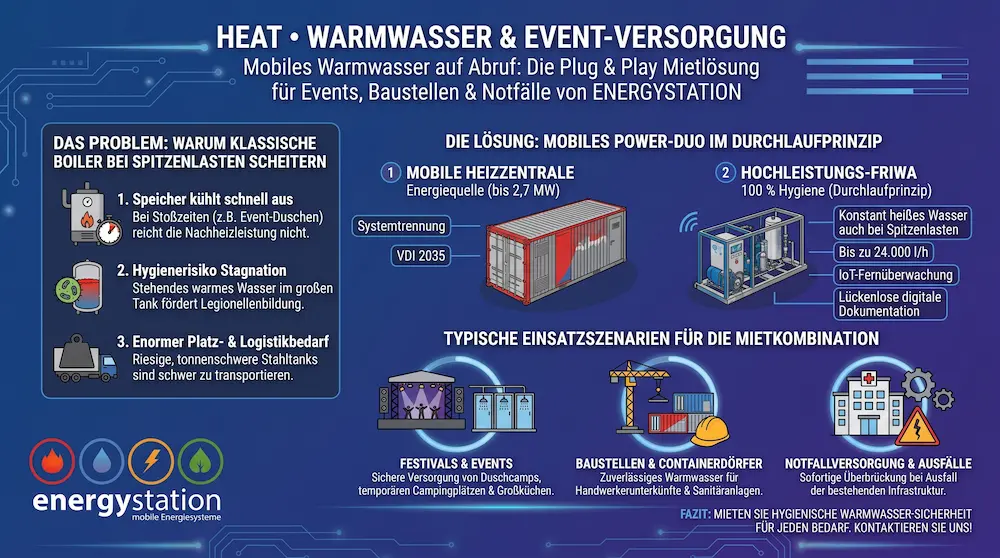 Infografik zu mobilem Warmwasser von energystation: Mobile Heizzentrale und Hochleistungs-FRIWA für Events, Baustellen und Notfallversorgung