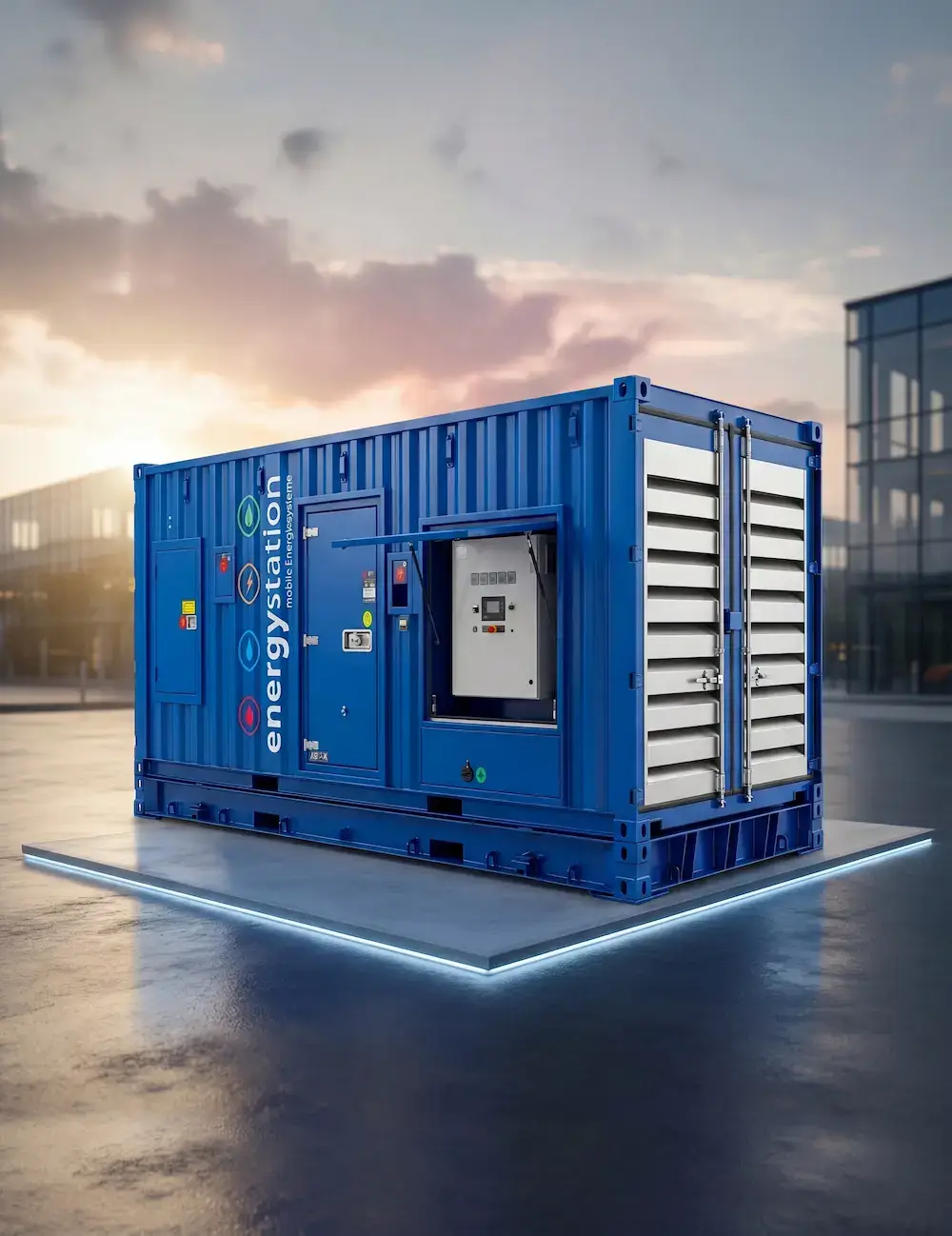 Schallgedämmtes Notstromaggregat von energystation für Baustrom und Event-Stromversorgung.