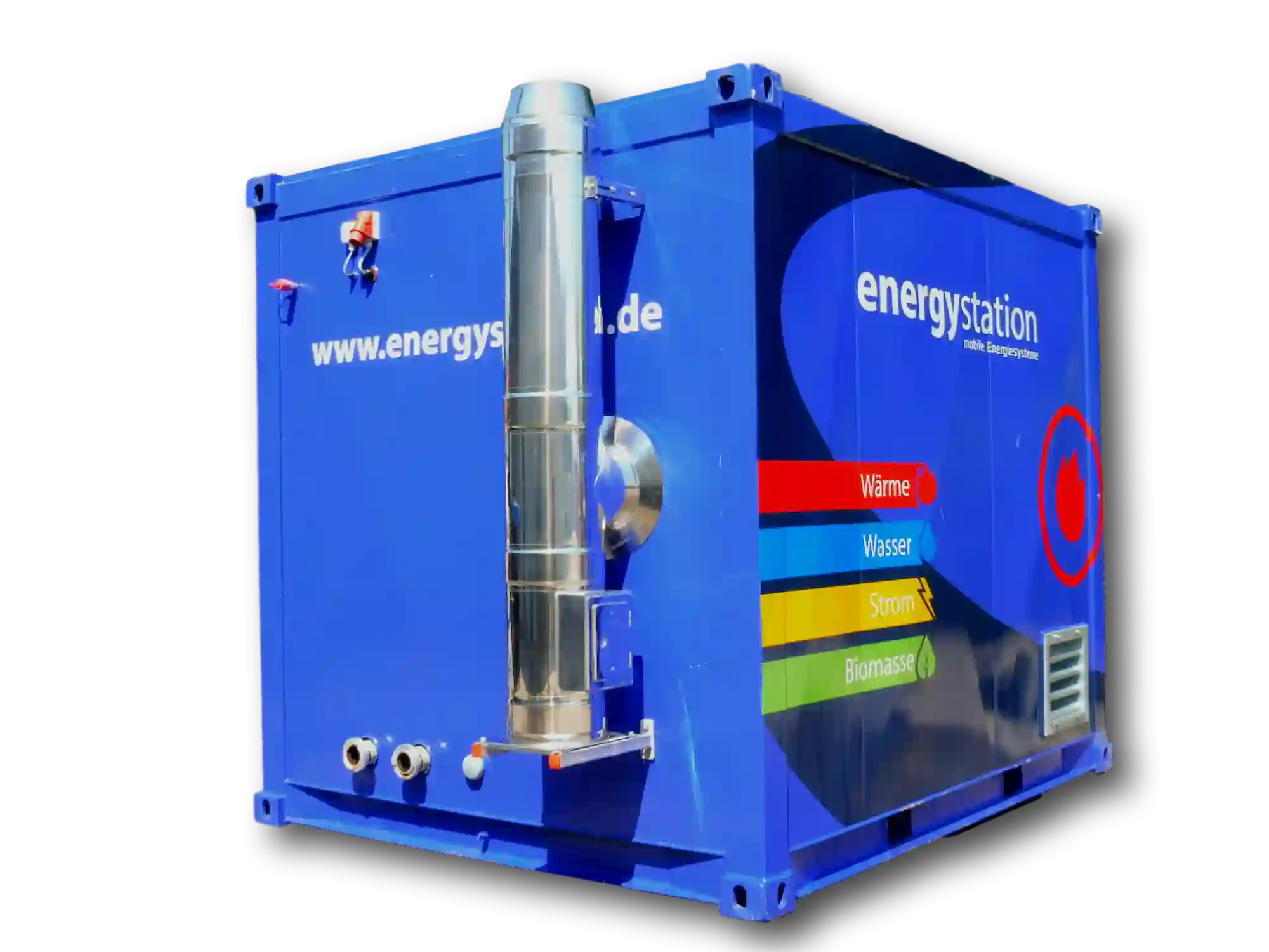 Mobiler 150 kW Heizcontainer von energystation im Einsatz zur Baubeheizung und Gebäudeversorgung.