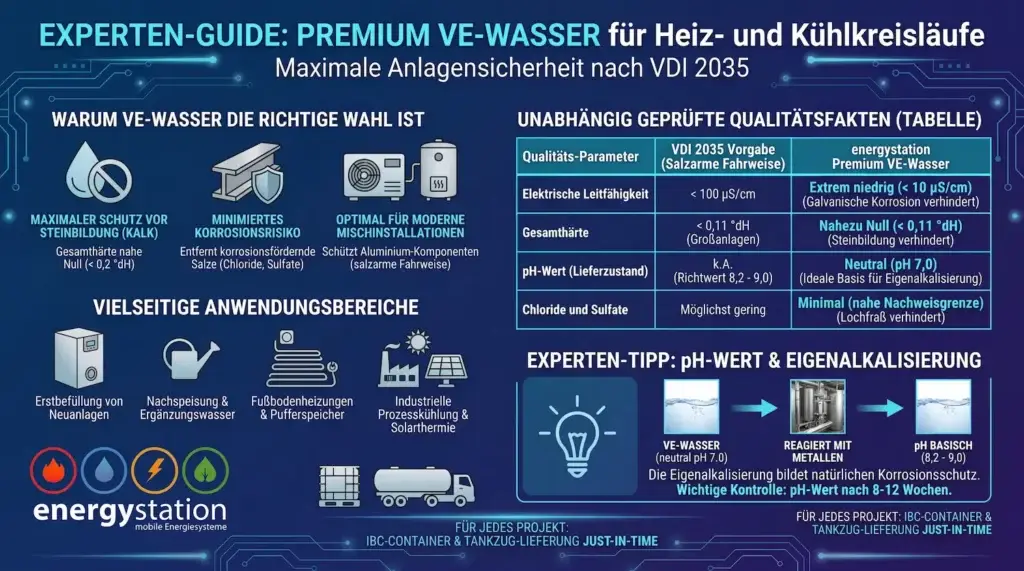 Abfüllung von zertifiziertem Premium VE-Wasser für Heiz- und Kühlkreisläufe nach VDI 2035 durch energystation.