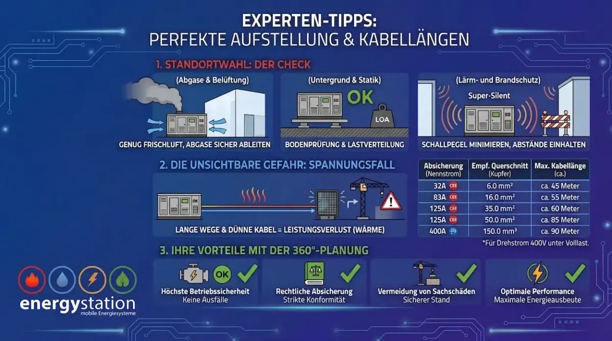 Mehr über den Artikel erfahren Experten-Tipps: Die perfekte Aufstellung von Stromaggregaten & die Gefahr des Spannungsfalls