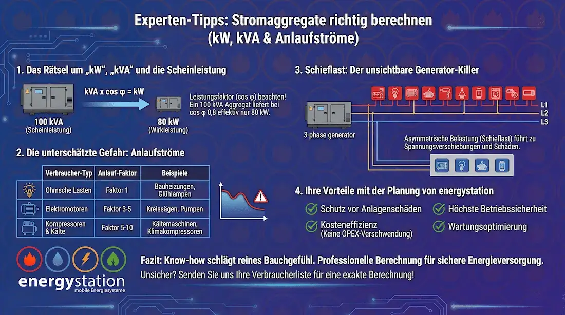 Mehr über den Artikel erfahren Experten-Tipps: Stromaggregate richtig berechnen (kW, kVA & Anlaufströme)