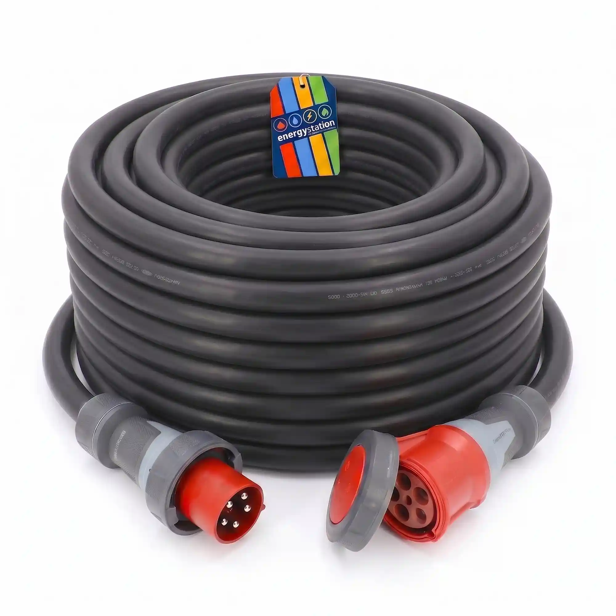 Massives CEE Schwerlastkabel 50m von energystation® mit rotem 125A Starkstrom-Stecker für die mobile Stromversorgung von Großprojekten