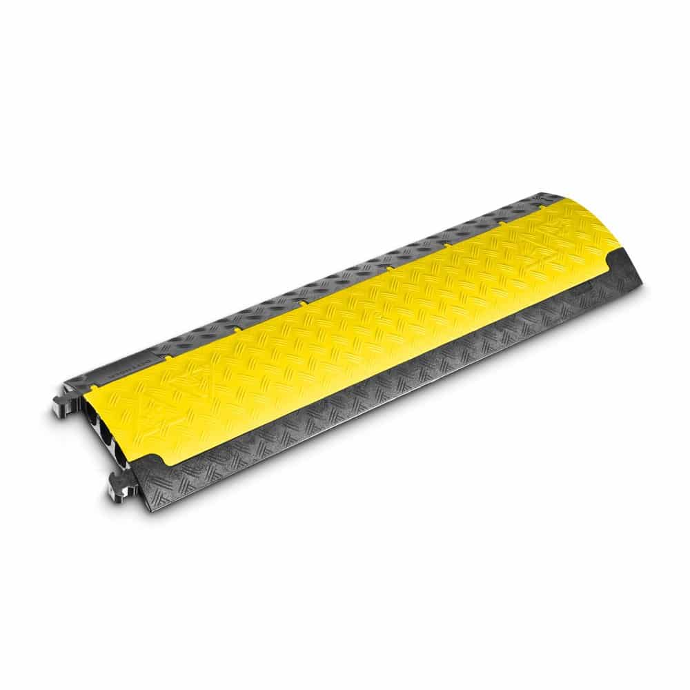 Schwarze Defender Midi Kabelbrücke von energystation® mit gelbem Deckel und fünf Kanälen für den sicheren Überfahrschutz auf Events und Baustellen.