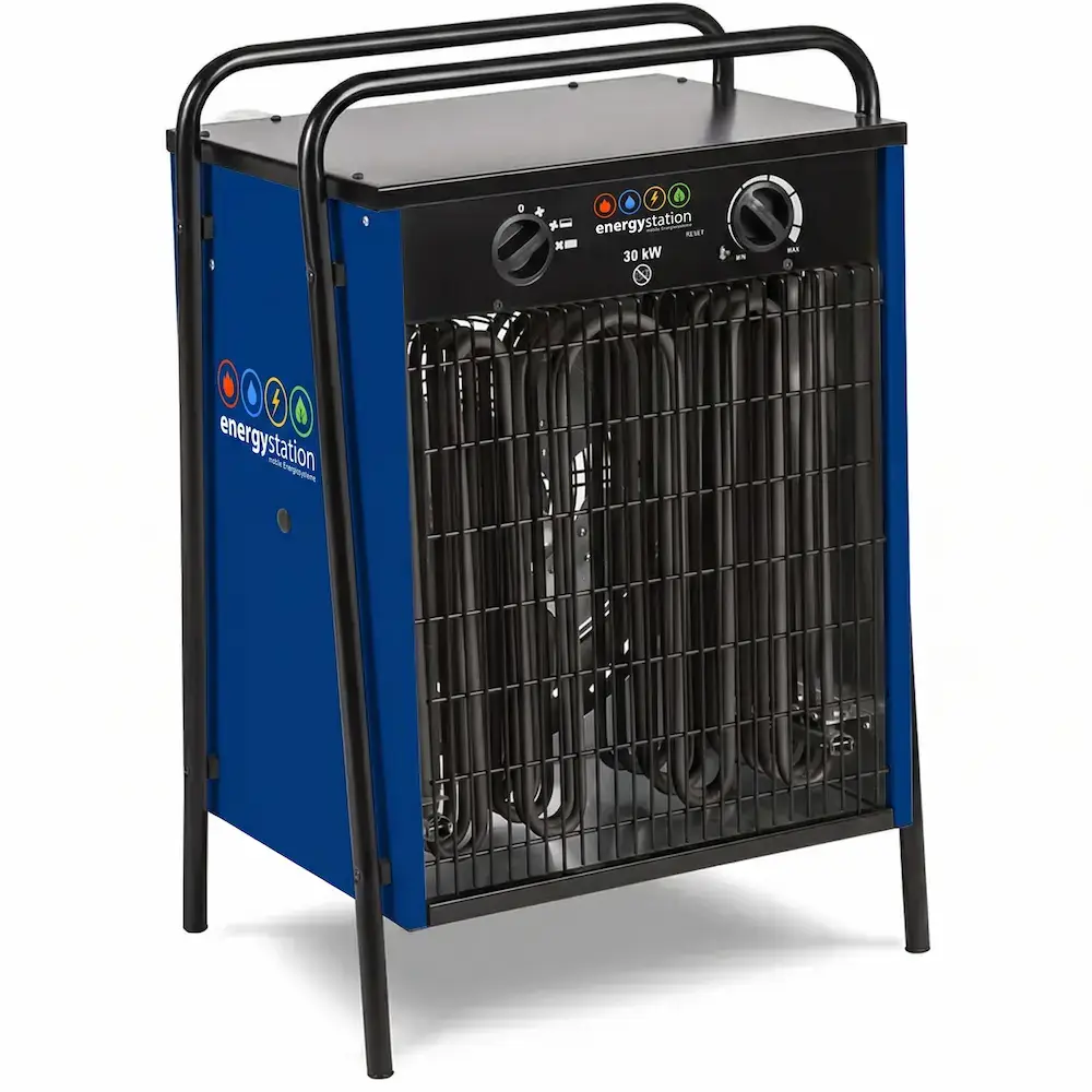 Massives blaues 30 kW Elektroheizgebläse TDS 120 von energystation® für die Beheizung von Industriehallen.