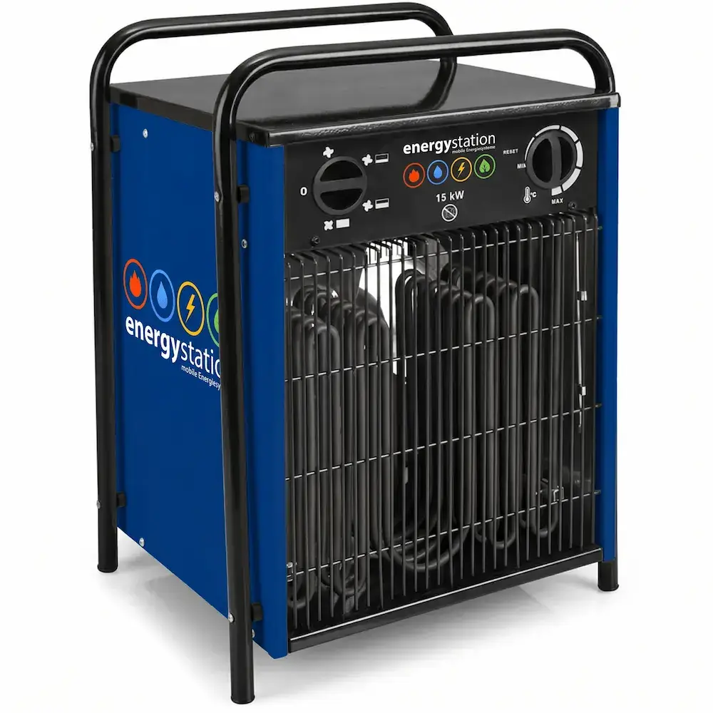 Blaues 15 kW Elektroheizgebläse TDS 75 von energystation® mit Tragegriffen für die mobile Beheizung von Werkstätten.