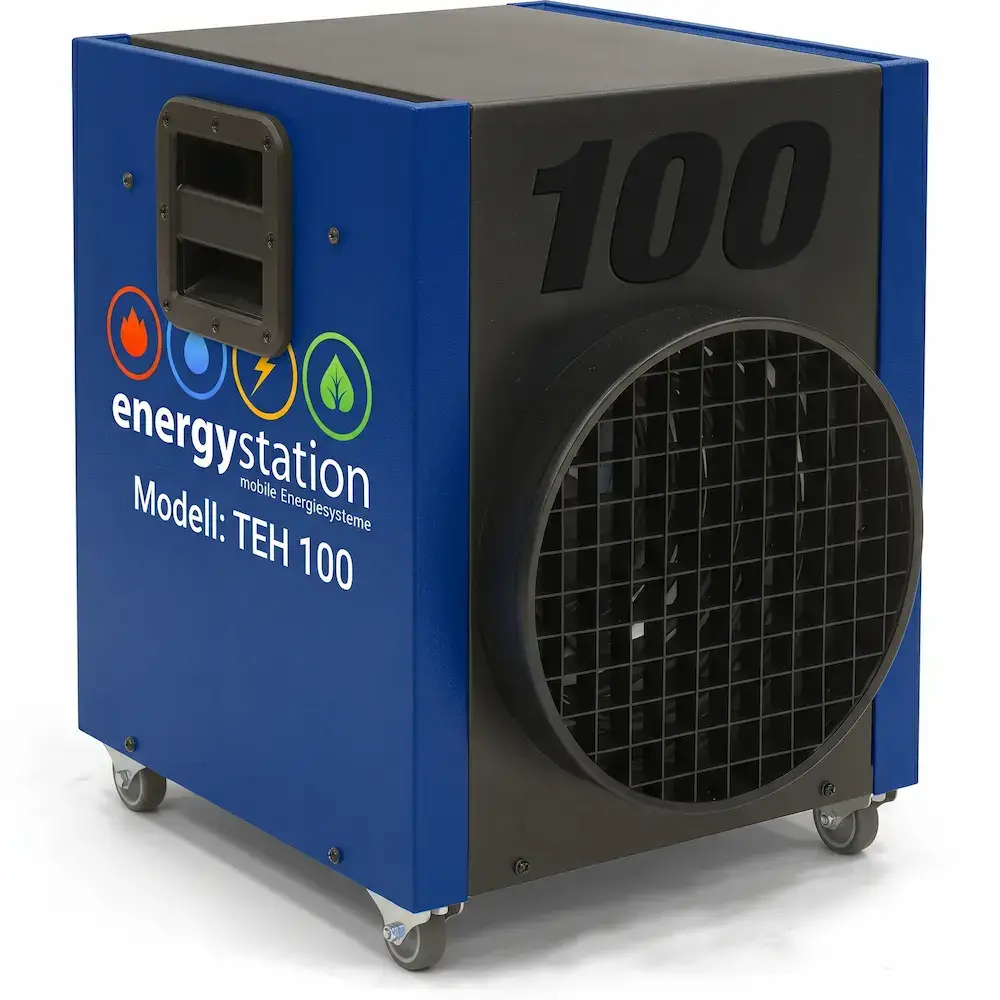 Robuster 18 kW Elektroheizer TEH 100 von energystation® im blauen Industriedesign mit Schlauchanschluss für die Bautrocknung.