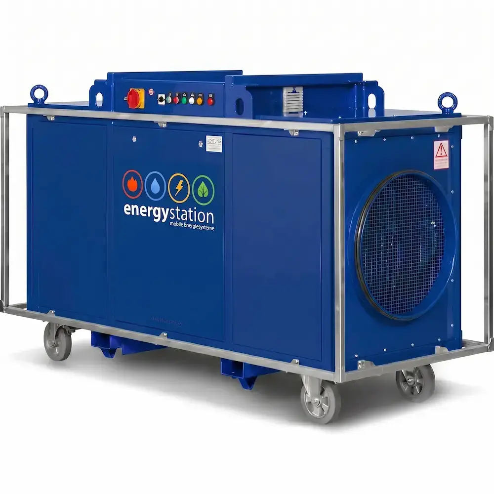 Massiver 120 kW Elektroheizer TEH 400 von energystation® mit Stoßschutzrahmen, Kranösen und großen Rädern für industrielle Großprojekte.