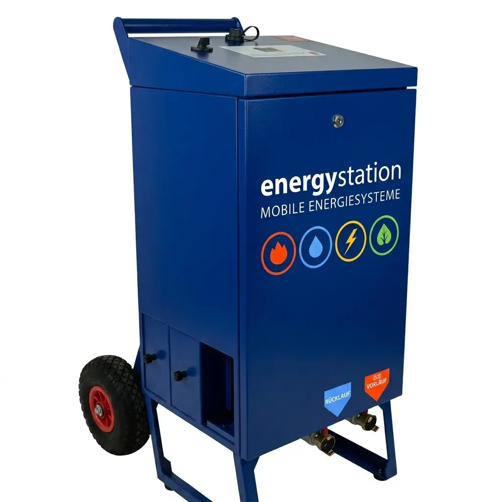 Kompakte 21 kW Elektroheizzentrale (triMobil) von energystation® mit digitalem Display und GEKA-Anschlüssen für die mobile Estrichtrocknung.