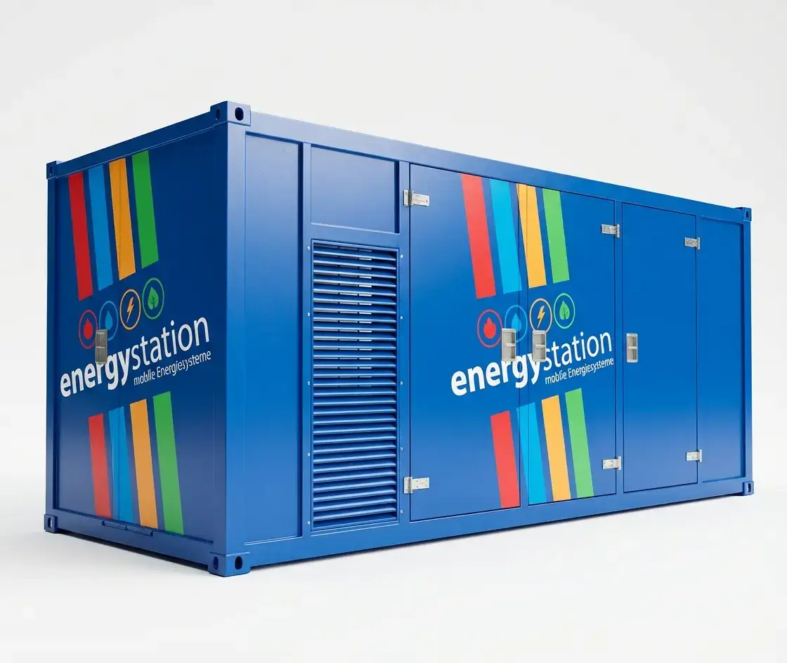 Massives 1100 kVA Twinpack Stromaggregat (2x 550 kVA) von energystation® im 20-Fuß-Container für Großbaustellen.