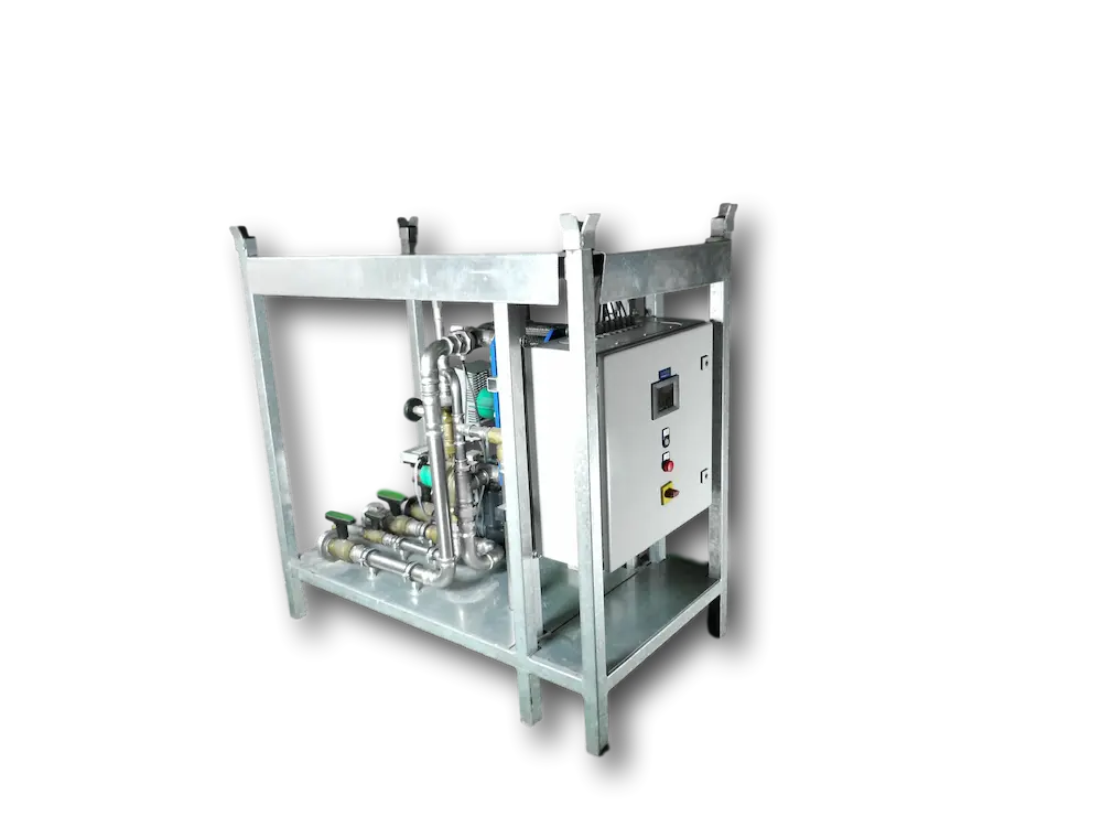 Mobiles 1000 kW Frischwassermodul von energystation® mit Wilo Stratos Pumpen und Storz-Anschlüssen für die hygienische Trinkwassererwärmung.