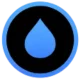 Ein kreisförmiges Icon mit einem dicken hellblauen äußeren Ring, einem soliden schwarzen Innenfeld und einem stilisierten hellblauen Wassertropfen im Zentrum.