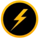 Ein kreisförmiges Icon mit einem breiten, goldgelben äußeren Ring und einem soliden schwarzen Innenfeld, das ein fettgedrucktes, stilisiertes goldgelbes Blitzsymbol im Zentrum enthält.